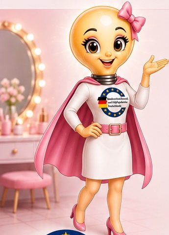 GLOW in ganzer Figur: Glühbirnen-Botschafterin mit rosa Cape und dem Zeichen des Bundesverbandes