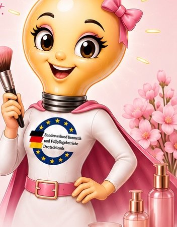 GLOW, die Wissensbotschafterin: eine freundliche Glühbirnen-Figur mit Kosmetikpinsel und rosa Schleife